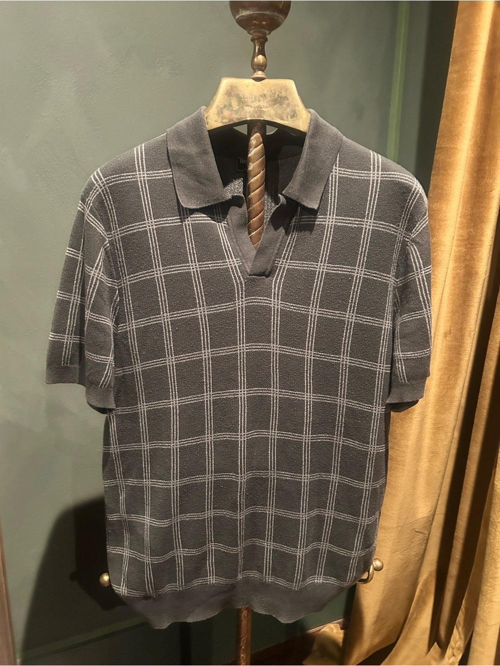 Todd Snyder Cotton Silk Green and White Windowpane Sweater Polo